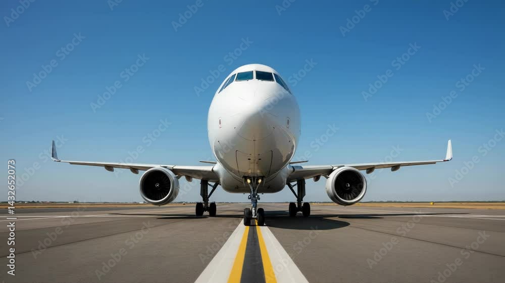 Front view of white airplane on runway under bright blue sky Front view of white airplane on runway under bright blue sky