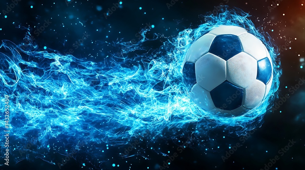 Naklejka premium Soccer Ball on Fire with Blue Flames and Sparkles, Dynamic and High Energy