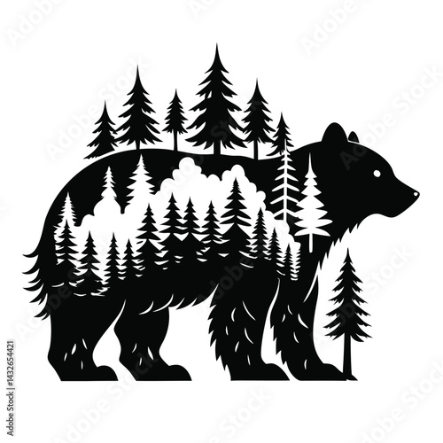 Silhouette Black Bear with Pine Trees Landscape, Wildlife Nature Design Concept