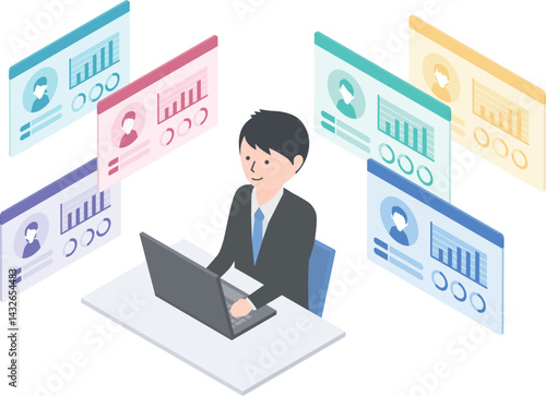 スーツを着た男性がいろいろな人のデータを分析しているイラスト