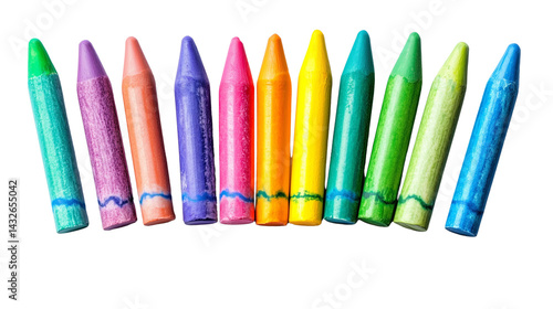 Set of colorful wax crayons in a row on transparent background