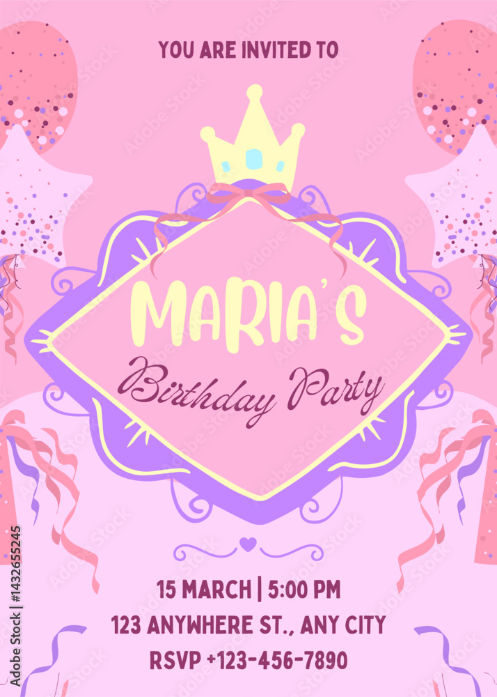 Naklejka premium Princess Birthday party invitation template vector illustration. Birthday girl invitation card design.