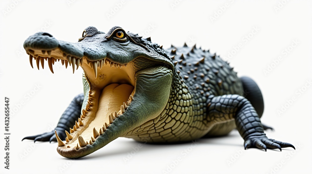 Naklejka premium a detailed depiction of an American Alligator shown in a menacing pose with its mouth wide open, displaying rows of sharp teeth.
