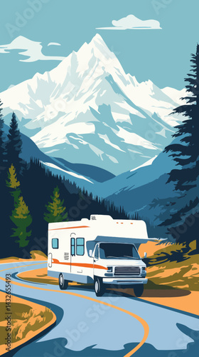 Retro RV Road Trip through Mountain Landscape in Minimalist Vector Style