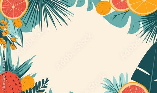 Tropical Palm Leaves and Exotic Fruits Vector for Summer Beach Party Background
