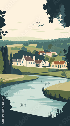 Charming Bibury Village Panorama with River and Castle in Gloucestershire, England