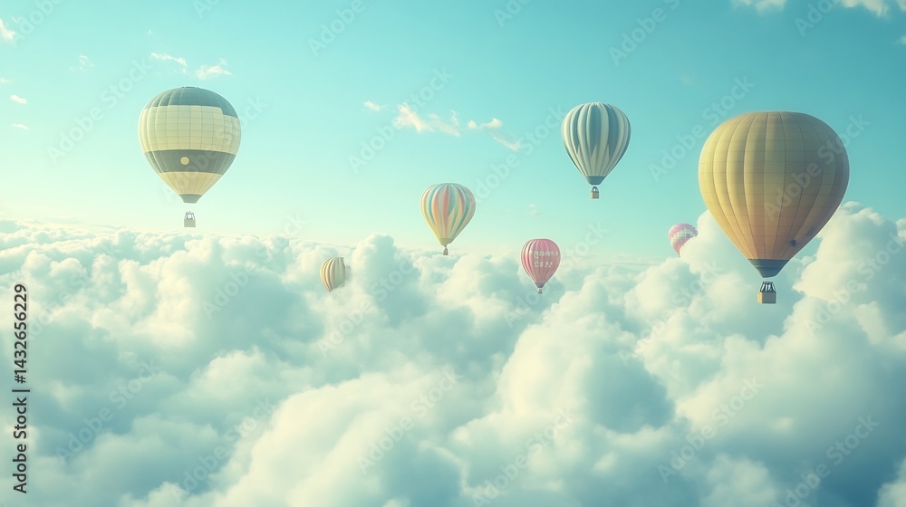 Fototapeta premium Serene Hot Air Balloons Drifting Above a Dreamlike Cloudscape