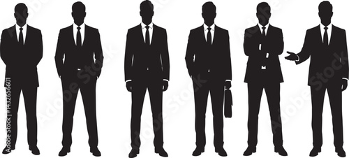 Vector black silhouettes of standing front-facing male business professionals in suits, formal full-body poses, ideal for corporate design, branding, and visual assets.