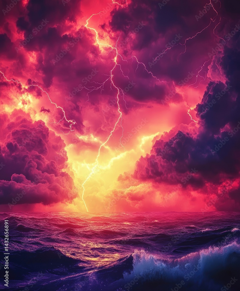 Naklejka premium Fiery Tempestuous Ocean: A Dramatic Seascape Under a Sky of Lightning and Crimson Clouds