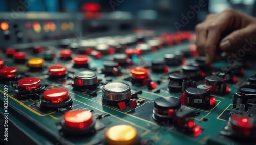 Close-up of a hand operating a complex control panel with numerous red and black buttons and switches.