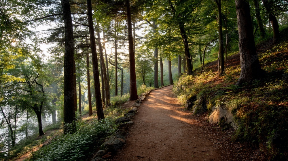 Sunlit path through a serene forest, leading to a tranquil vista Sunlit path through a serene forest, leading to a tranquil vista