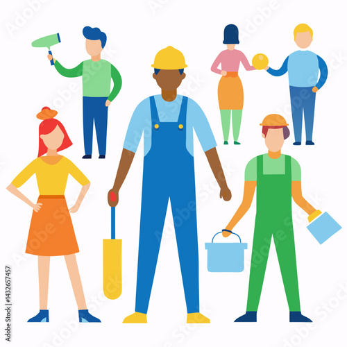 People of various professions in overalls and with tools in hand. Vector colored sketch of a realistic. Working in different sectors of production and services, vector on white background.