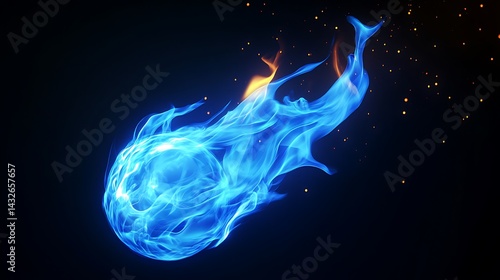 Abstract Blue Flame Ball with Sparks Floating on Transparent Background