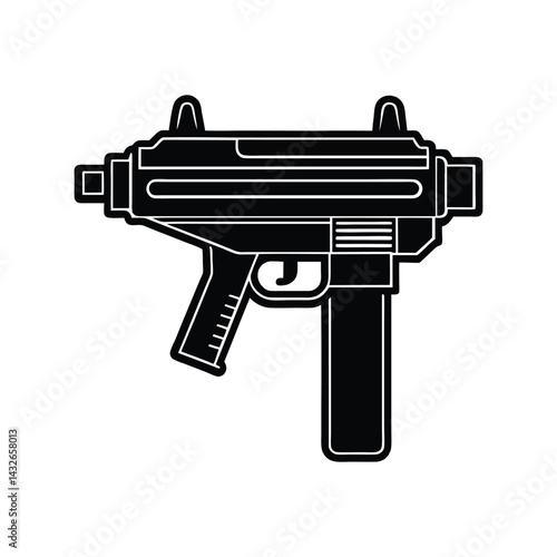 SMG Gun Silhouette Black Vector Illustration. Tactical Submachine Firearm Graphic. Military Weapon Design.