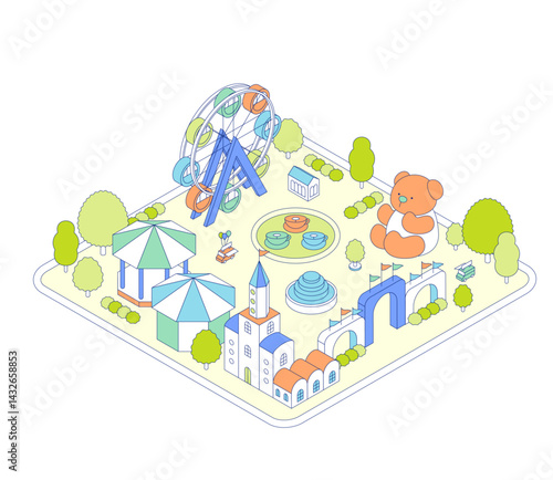 Isometric illustration of an amusement park. Theme park with attractions such as a Ferris wheel and teacups.