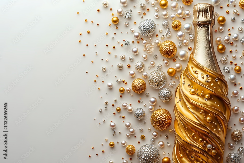 Fototapeta premium Elegant champagne bottle wrapped in gold with pearls and glitter balls festive celebration