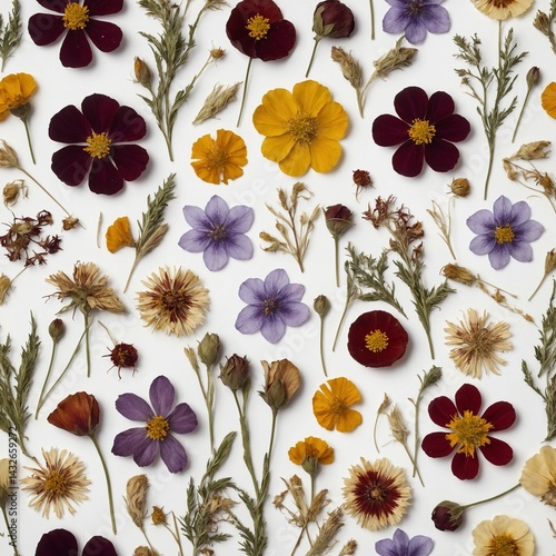A pressed flower collection on white background
