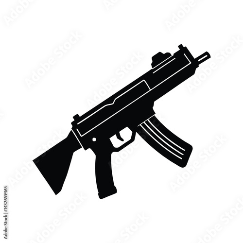 SMG Gun Silhouette Black Vector Illustration. Tactical Submachine Firearm Graphic. Military Weapon Design.