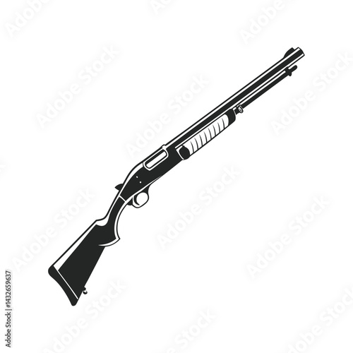 Shotgun Silhouette Black Vector Illustration. Tactical Firearm Graphic. Hunting Weapon Design Concept.