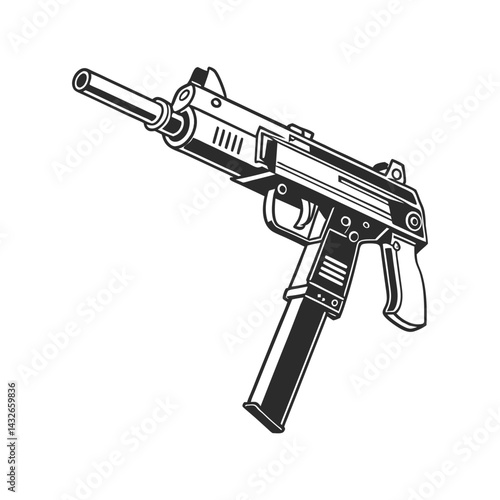 SMG Gun Silhouette Black Vector Illustration. Tactical Submachine Weapon Graphic. Military Firearm Design