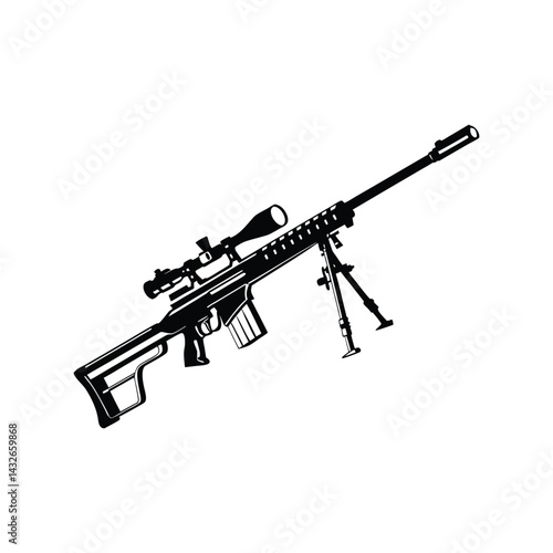 Sniper Silhouette Black Vector Illustration. Precision Long-Range Weapon Graphic. Tactical Military Firearm Design.
