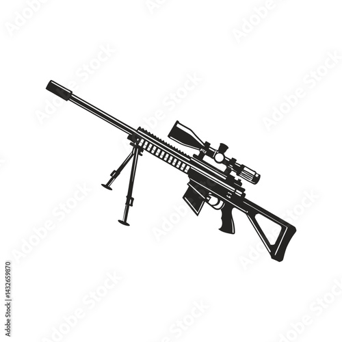 Sniper Silhouette Black Vector Illustration. Precision Long-Range Weapon Graphic. Tactical Military Firearm Design.