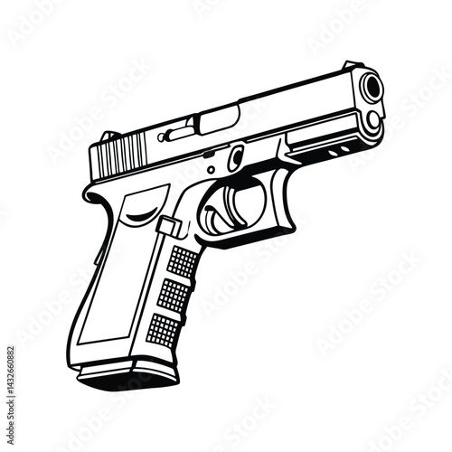Pistol Silhouette Black Vector Illustration. Tactical Handgun Graphic. Modern Firearm Design Concept.