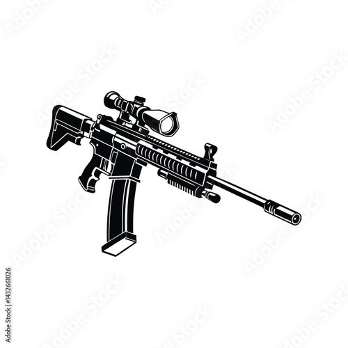 Assault Rifle Silhouette Black Vector Illustration. Tactical Firearm Graphic. Military Weapon Design