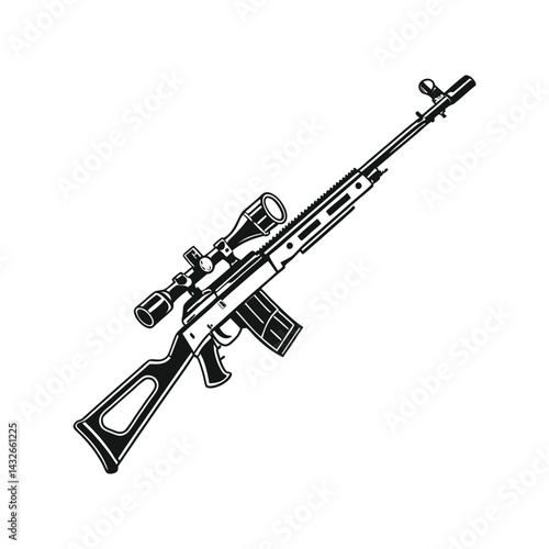 Dragunov SVD Silhouette Vector Illustration. Precision Sniper Rifle Graphic. Tactical Military Weapon Design.