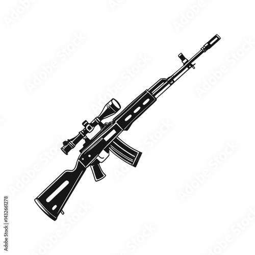 Dragunov SVD Silhouette Vector Illustration. Precision Sniper Rifle Graphic. Tactical Military Weapon Design.