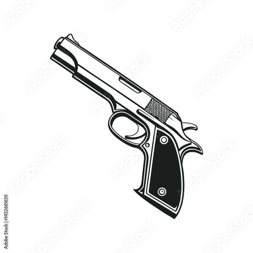 Pistol Silhouette Black Vector Illustration. Tactical Handgun Graphic. Modern Firearm Design Concept.