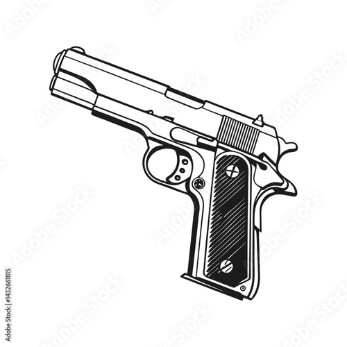 Pistol Silhouette Black Vector Illustration. Tactical Handgun Graphic. Modern Firearm Design Concept.