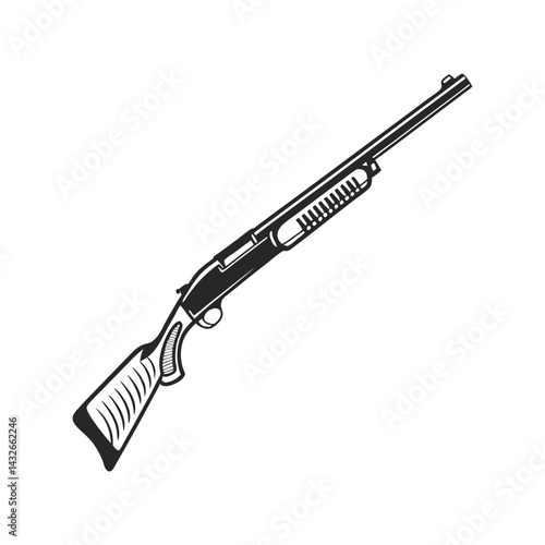 Shotgun Silhouette Black Vector Illustration. Tactical Firearm Graphic. Hunting Weapon Design Concept.