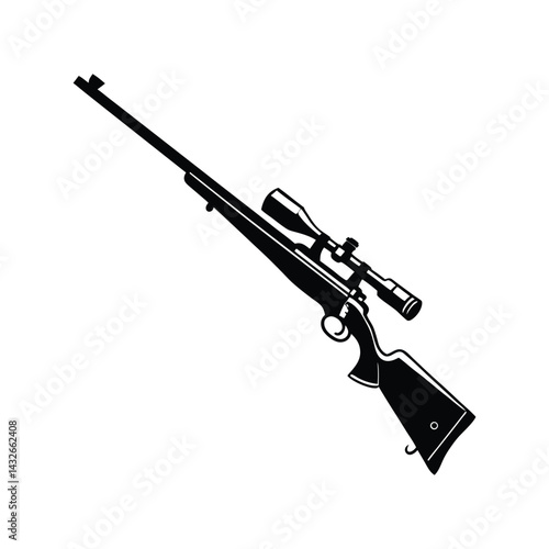 Sniper Silhouette Black Vector Illustration. Precision Long-Range Weapon Graphic. Tactical Military Firearm Design.
