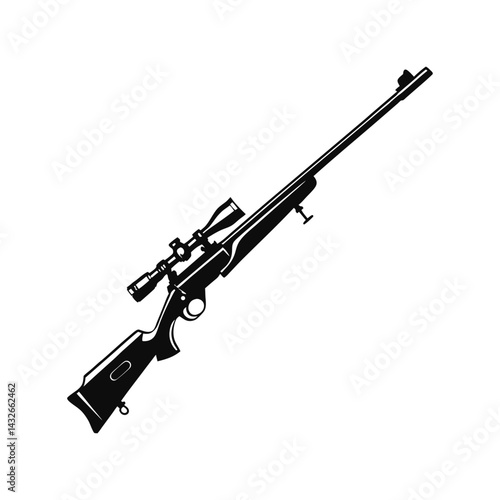Sniper Silhouette Black Vector Illustration. Precision Long-Range Weapon Graphic. Tactical Military Firearm Design.