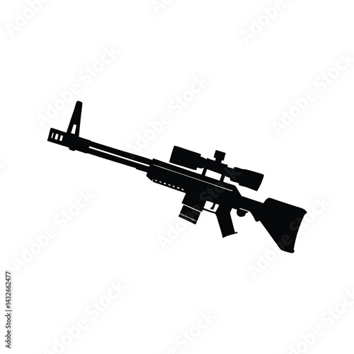 Sniper Silhouette Black Vector Illustration. Precision Long-Range Weapon Graphic. Tactical Military Firearm Design.