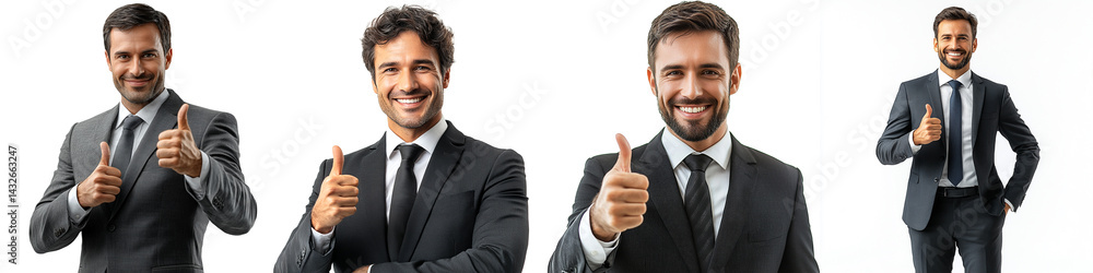 Confident Gentlemen Thumbs Up: A collection of smartly dressed businessmen, exuding confidence, flash the universal thumbs up, a clear sign of approval and positive affirmation. Confident Gentlemen Thumbs Up: A collection of smartly dressed businessmen, exuding confidence, flash the universal thumbs up, a clear sign of approval and positive affirmation.