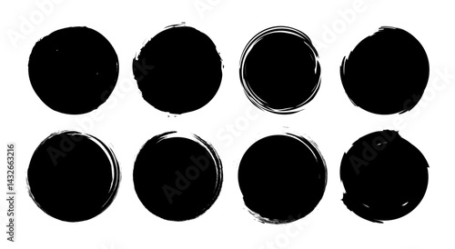 Round Black Grunge Shapes. Frames for Design, Brush Stroke Elements. Vector Isolated on White Background.