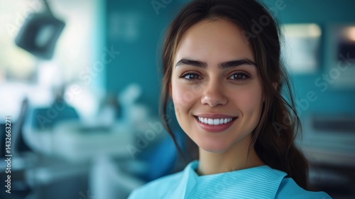 A woman is smiling in a dental office