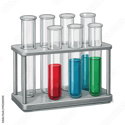 Realistic Vector Illustration of a Laboratory Test Tube Rack – Glass Tubes with Colored Liquids