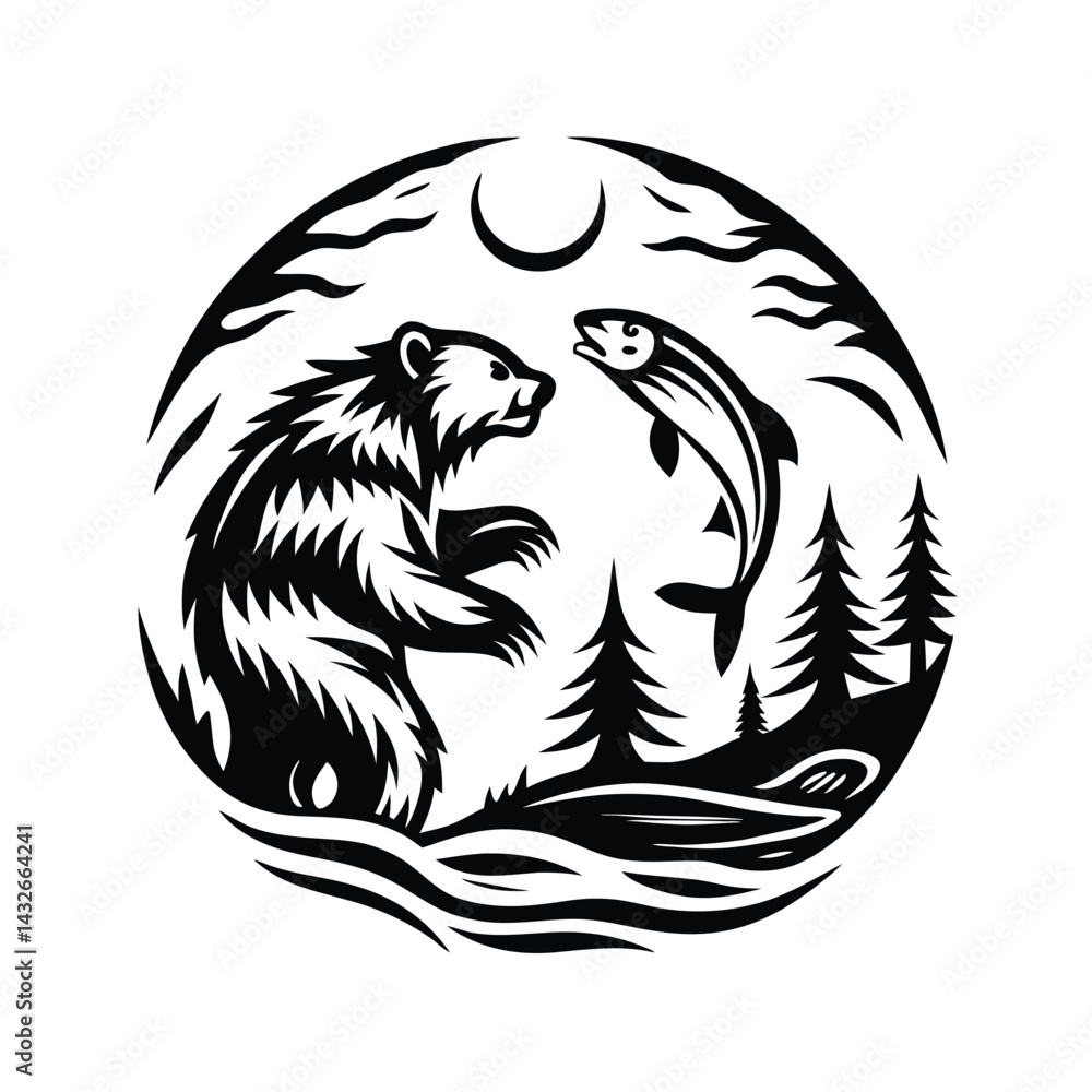 Fototapeta premium Circular Black and White Design with Bear, Fish, Trees, River and a Crescent Moon