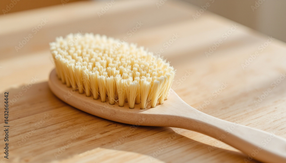 natural brush with soft bristles rests wooden surface, showcasing its simple design and functionality. warm light enhances its texture and warmth natural brush with soft bristles rests wooden surface, showcasing its simple design and functionality. warm light enhances its texture and warmth