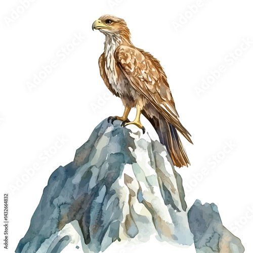 illustration of Griffin Perched On A Mountain Peak, watercolor vector, isolated on a white background.