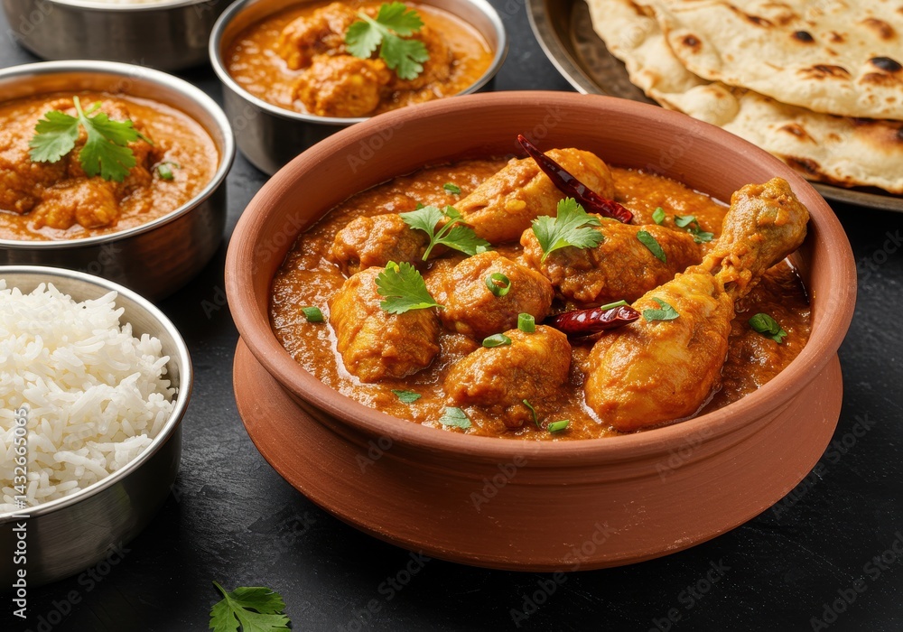 A close up of chicken curry in a clay pot with rice and naan bread on a dark surface top view A close up of chicken curry in a clay pot with rice and naan bread on a dark surface top view