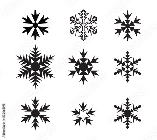 Black Geometric Snowflake Icons – Winter Abstract Symbol Set