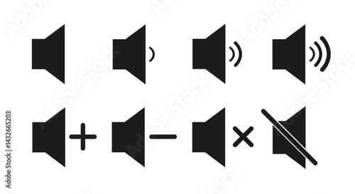 Speaker Volume Icons – Sound, Mute, Increase, Decrease Audio Symbols Set