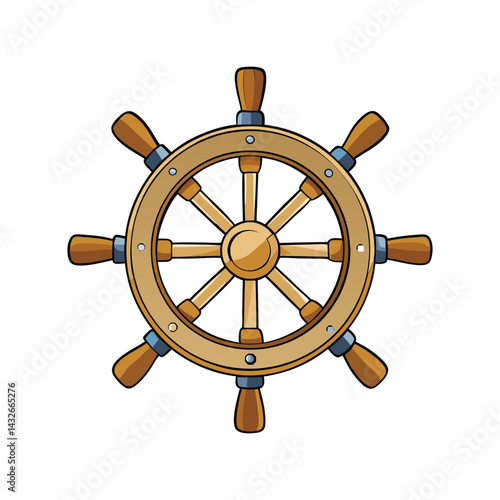 Wooden Ship Wheel Vector Illustration, Nautical Steering Helm Clipart for Marine Design, Vintage Boat Navigation Art