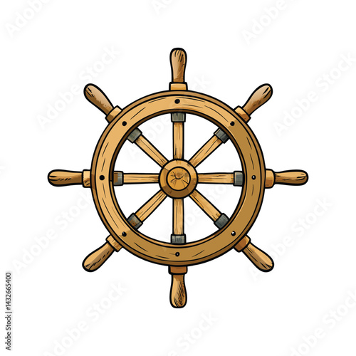 Wooden Ship Wheel Vector Illustration, Nautical Steering Helm Clipart for Marine Design, Vintage Boat Navigation Art