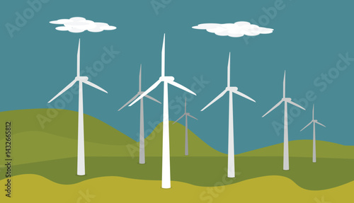 Wind Turbines on Green Hills with Cloudy Sky – Renewable Energy Landscape Illustration
