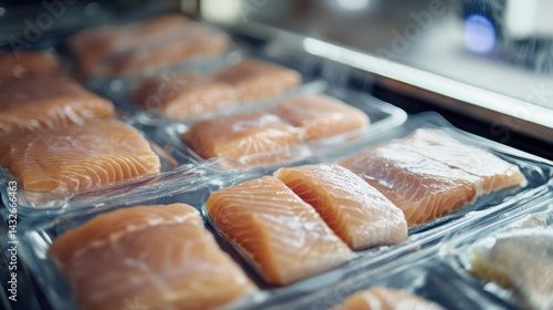 Fototapeta Naklejka Na Ścianę i Meble -  Rows of packaged salmon fillets displayed in a refrigerated case showcase freshness